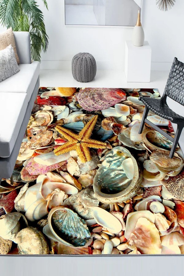 Deniz Kabukları Desenli Modern Kaymaz Yıkanabilir Mutfak Salon Halısı