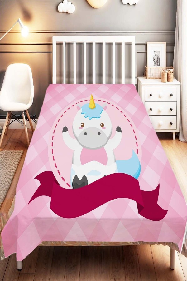 Pembe At Desenli Çocuk Ve Bebek Odası Dekoratif Yatak Örtüsü
