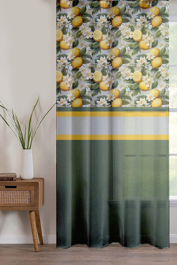 Yeşil Yapraklı Limonlu Desenli Baskılı Dekoratif Salon Mutfak Tül Perde 140x260cm