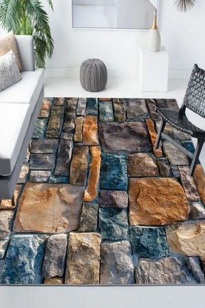 Mavi Kahve Taş Duvar Desenli Modern Kaymaz Yıkanabilir Mutfak Salon Halısı Mavi Kahve Taş Duvar Desenli Modern Kaymaz Yıkanabilir Mutfak Salon Halısı