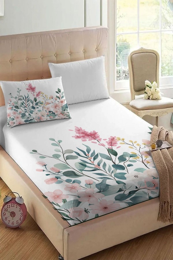 Renkli Çiçekl Baskılı Desenli Lastikli Tek Kişilik Yastıklı Lastikli Çarşaf Takımı 90x190cm