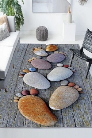 Gri Ayak Taşlı Desenli Modern Kaymaz Yıkanabilir Mutfak Salon Halısı