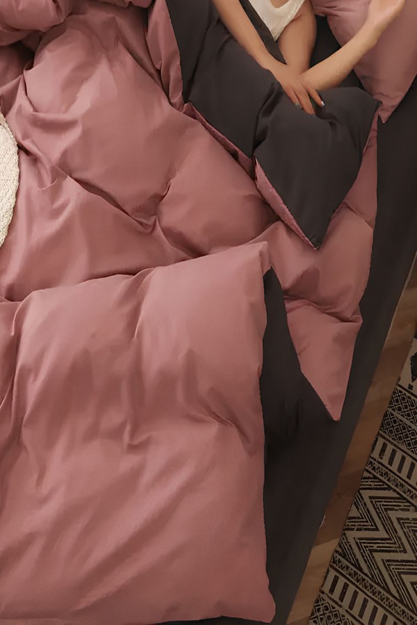 Yavruağzı Pembe Antrasit Düz Renk Çift Taraflı Pamuk Saten Tek Kişilik Nevresim Takımı