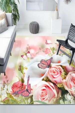 Pembe Gül Kelebek Desenli Modern Kaymaz Yıkanabilir Mutfak Salon Halısı