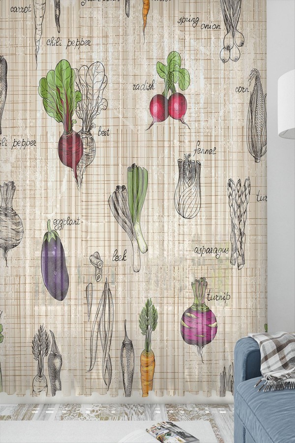 Else Kahve Çekirdek Desenli Dekoratif Modern Mutfak Tül Fon Perde