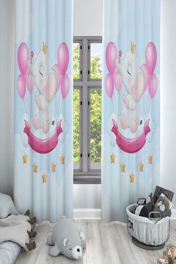Pembe Balonlu Filli Desenli Dekoratif Çocuk Ve Bebek Odası Fon Perde Pembe Balonlu Filli Desenli Dekoratif Çocuk Ve Bebek Odası Fon Perde