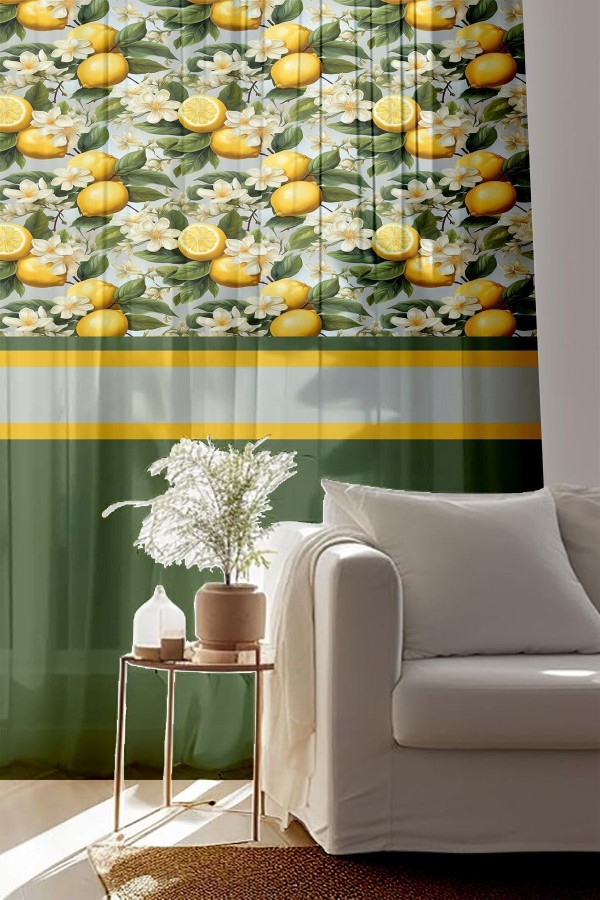 Yeşil Yapraklı Limonlu Desenli Baskılı Dekoratif Salon Mutfak Tül Perde 140x260cm