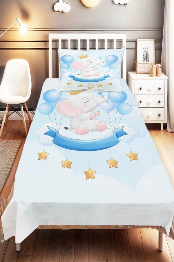 Mavi Balonlu Filli Desenli Çocuk Ve Bebek Odası Dekoratif Yatak Örtüsü Mavi Balonlu Filli Desenli Çocuk Ve Bebek Odası Dekoratif Yatak Örtüsü