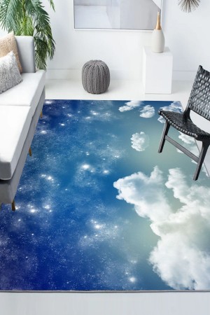 Mavi Beyaz Bulutlu Desenli Modern Kaymaz Yıkanabilir Mutfak Salon Halısı