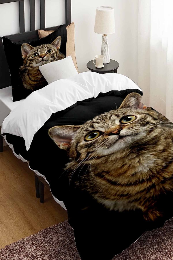 Sevimli Kedi Desenli Baskılı Pamuk Saten Çocuk ve Tek Kişilik Nevresim Takımı