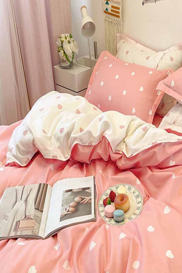 Pembe Kalpli Çift Taraflı Pamuk Saten Tek Kişilik Nevresim Takımı