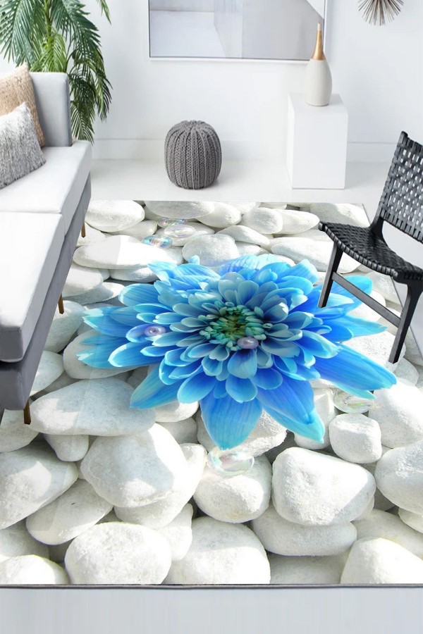 Taşlar Mavi Çiçekli Desenli Modern Kaymaz Yıkanabilir Mutfak Salon Halısı