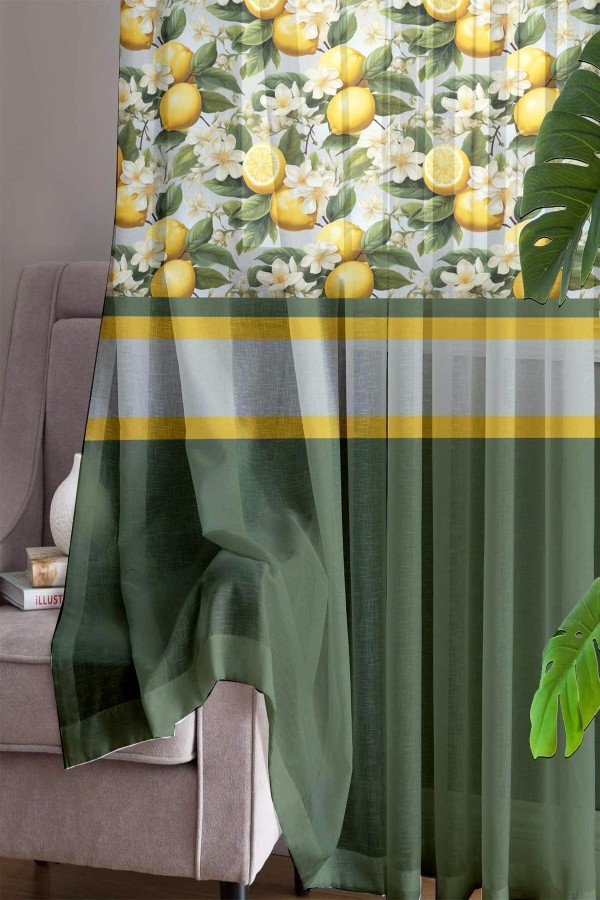 Yeşil Yapraklı Limonlu Desenli Baskılı Dekoratif Salon Mutfak Tül Perde 140x260cm