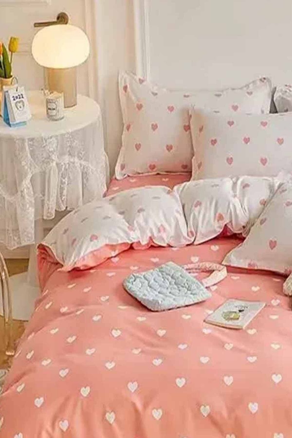Pembe Kalpli Çift Taraflı Pamuk Saten Tek Kişilik Nevresim Takımı