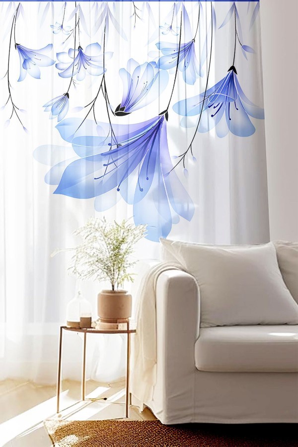 Mavi Çiçekler Desen Baskılı Dekoratif Salon Mutfak Tül Perde 140x260cm
