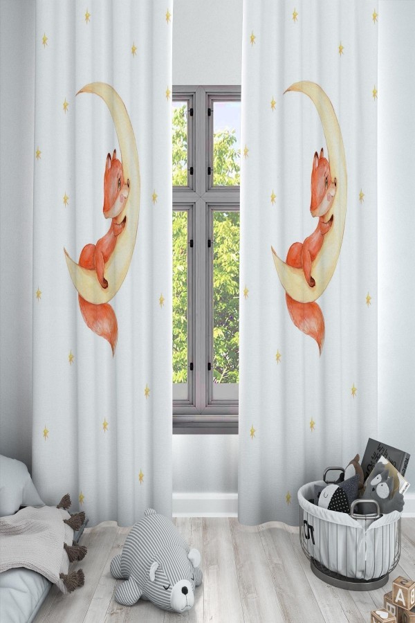 Ay Yıldız Uyuyan Tilkili Desenli Dekoratif Çocuk Ve Bebek Odası Fon Perde Ay Yıldız Uyuyan Tilkili Desenli Dekoratif Çocuk Ve Bebek Odası Fon Perde