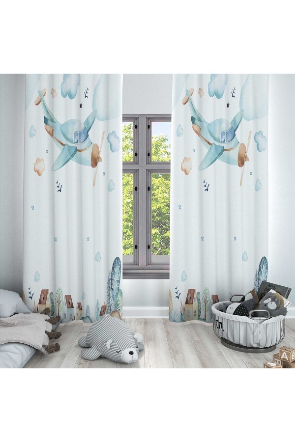 Mavi Uçaklı Şehir Desenli Dekoratif Erkek Çocuk Ve Bebek Odası Fon Perde Mavi Uçaklı Şehir Desenli Dekoratif Erkek Çocuk Ve Bebek Odası Fon Perde