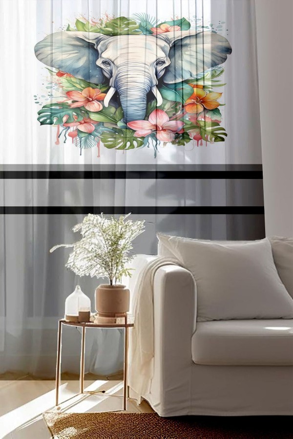 Renkli Filler Desenli Baskılı Dekoratif Salon Mutfak Tül Perde 140x260cm Renkli Filler Desenli Baskılı Dekoratif Salon Mutfak Tül Perde 140x260cm