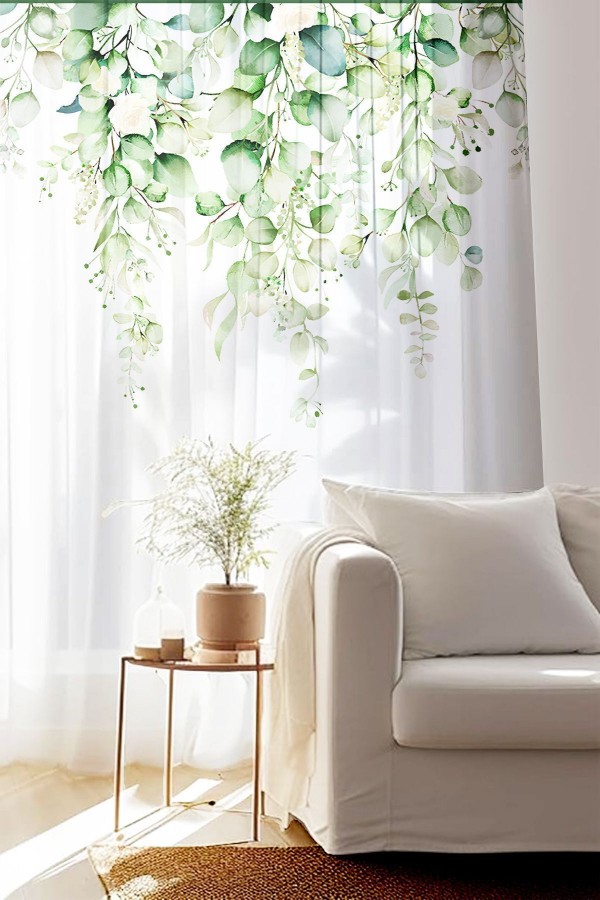 Yeşil Okaliptus Sarmaşık Desen Baskılı Dekoratif Salon Mutfak Tül Perde 140x260cm