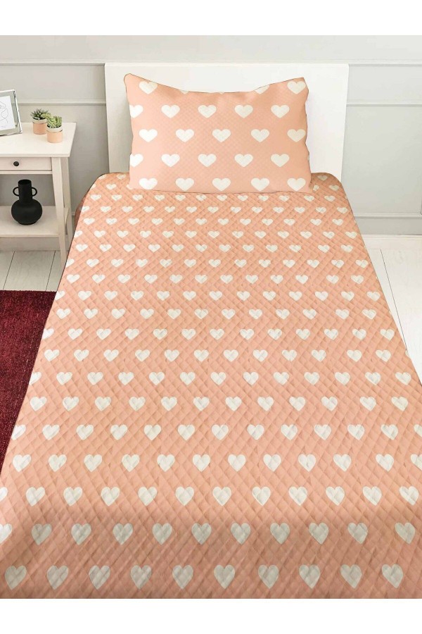 Pembe Kalpli Desenli Tek Kişilik Yastıklı Baskılı Yatak Örtüsü Pike Takımı 160x220cm