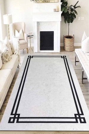 Dijital Kaymaz Beyaz Siyah Bordür Çizgi Çerçeveli Salon Halısı Halı Yolluk