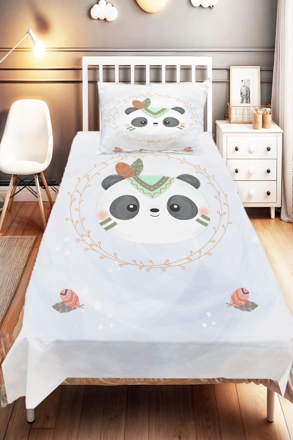 Mavi Gri Bohem Panda Desenli Çocuk Ve Bebek Odası Dekoratif Yatak Örtüsü Mavi Gri Bohem Panda Desenli Çocuk Ve Bebek Odası Dekoratif Yatak Örtüsü