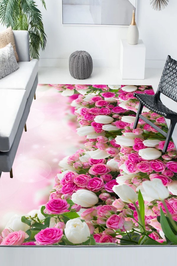 Pembe Beyaz Çiçekler Desenli Modern Kaymaz Yıkanabilir Mutfak Salon Halısı Pembe Beyaz Çiçekler Desenli Modern Kaymaz Yıkanabilir Mutfak Salon Halısı