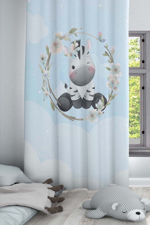 Mavi Sevimli Zebra Hayvanlı Desenli Dekoratif Çocuk Ve Bebek Odası Fon Perde
