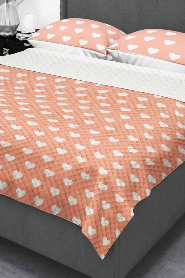 Pembe Kalpli Desenli Çift Kişilik Yastıklı Baskılı Yatak Örtüsü Pike Takımı 200x220cm