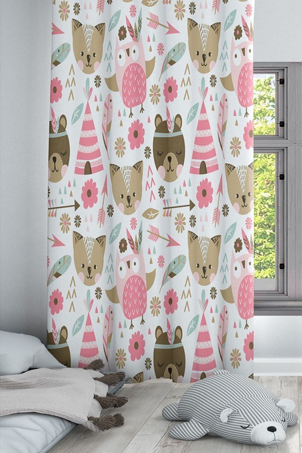 Pembe Hayvanlar Desenli Dekoratif Çocuk Ve Bebek Odası Fon Perde Pembe Hayvanlar Desenli Dekoratif Çocuk Ve Bebek Odası Fon Perde