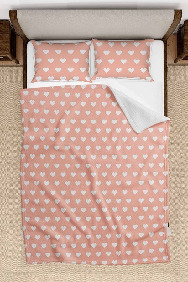 Pembe Kalpli Desenli Çift Kişilik Yastıklı Baskılı Yatak Örtüsü Pike Takımı 200x220cm