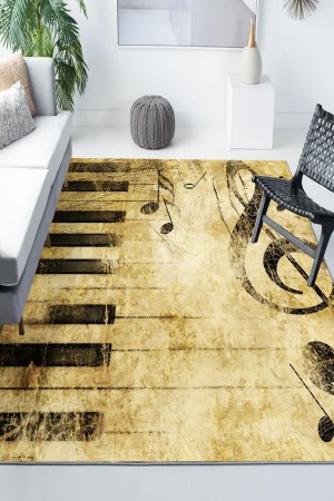 Sarı Siyah Notalı Müzik Desenli Modern Kaymaz Yıkanabilir Mutfak Salon Halısı
