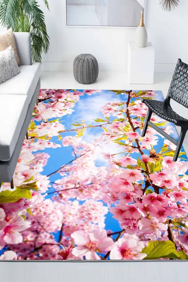 Pembe Sakura Çiçekli Desenli Modern Kaymaz Yıkanabilir Mutfak Salon Halısı Pembe Sakura Çiçekli Desenli Modern Kaymaz Yıkanabilir Mutfak Salon Halısı