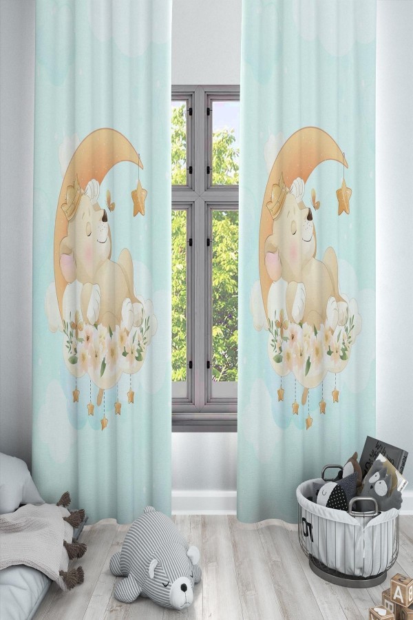 Uykucu Ayıcıklı Çiçekli Desenli Dekoratif Çocuk Ve Bebek Odası Fon Perde Uykucu Ayıcıklı Çiçekli Desenli Dekoratif Çocuk Ve Bebek Odası Fon Perde