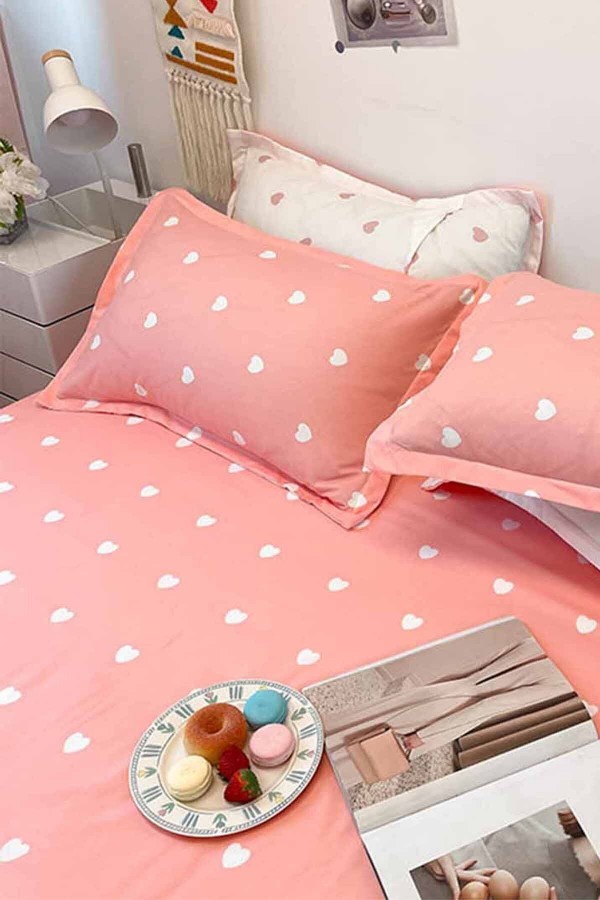 Pembe Kalpli Çift Taraflı Pamuk Saten Tek Kişilik Nevresim Takımı