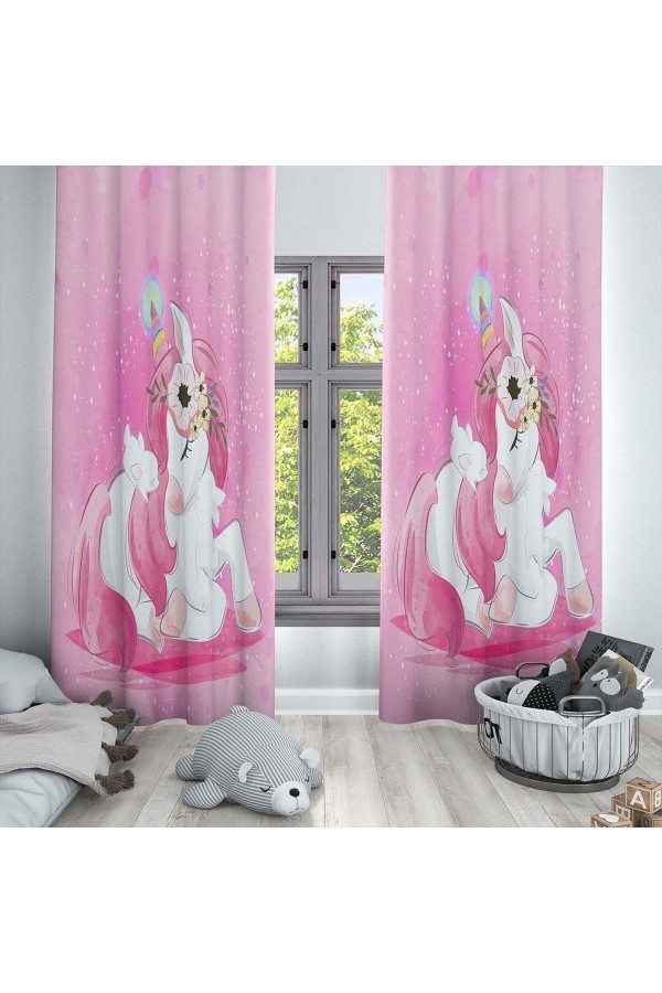 Pembe Unicorn Atlı Desenli Dekoratif Çocuk Ve Bebek Odası Fon Perde Pembe Unicorn Atlı Desenli Dekoratif Çocuk Ve Bebek Odası Fon Perde