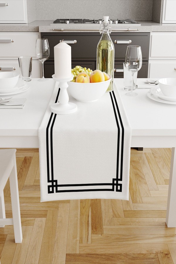 Beyaz Siyah Çizgili Desenli Baskılı Leke Tutmaz Yıkanabilir Dekoratif Masa Örtüsü Runner 40x140cm Beyaz Siyah Çizgili Desenli Baskılı Leke Tutmaz Yıkanabilir Dekoratif Masa Örtüsü Runner 40x140cm
