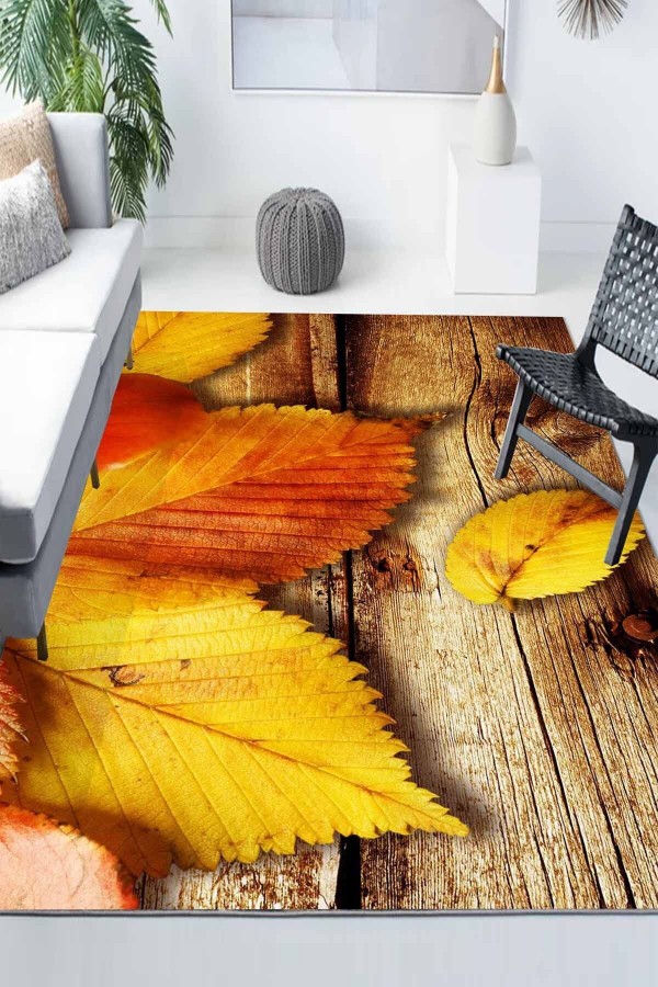 Ahşap Sarı Yaprak Desenli Modern Kaymaz Yıkanabilir Mutfak Salon Halısı