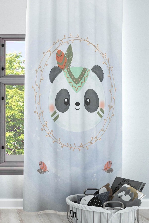 Mavi Gri Bohem Panda Desenli Dekoratif Çocuk Ve Bebek Odası Fon Perde Mavi Gri Bohem Panda Desenli Dekoratif Çocuk Ve Bebek Odası Fon Perde