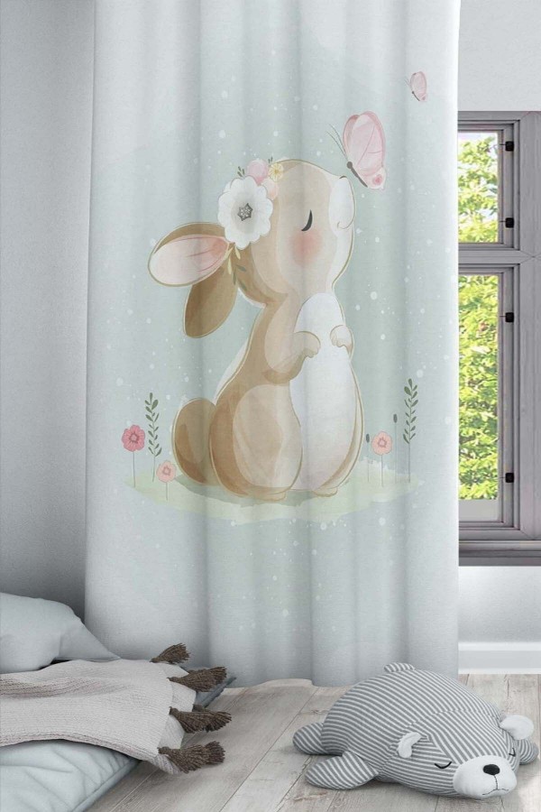 Mavi Kahve Sevimli Tavşan Desenli Dekoratif Çocuk Ve Bebek Odası Fon Perde Mavi Kahve Sevimli Tavşan Desenli Dekoratif Çocuk Ve Bebek Odası Fon Perde