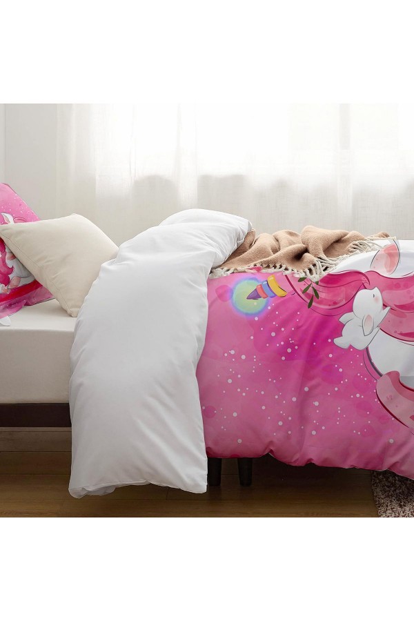 Pembe Unicorn Atlı Desenli Çarşafsız Tek Kişilik Çocuk Nevresim Takımı