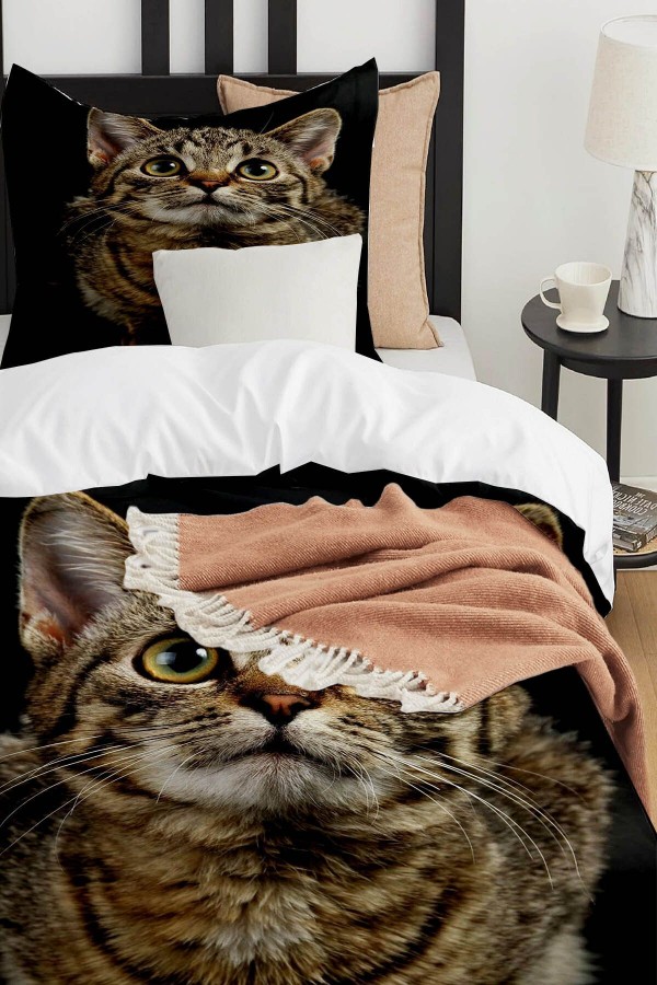 Sevimli Kedi Desenli Baskılı Pamuk Saten Çocuk ve Tek Kişilik Nevresim Takımı