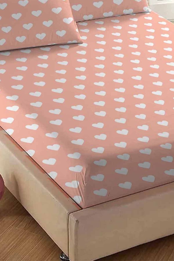 Else Pembe Beyaz Kalp Desenli Lastikli Çift Kişilik Lastikli .Yastıklı Çarşaf Takımı 160x200cm