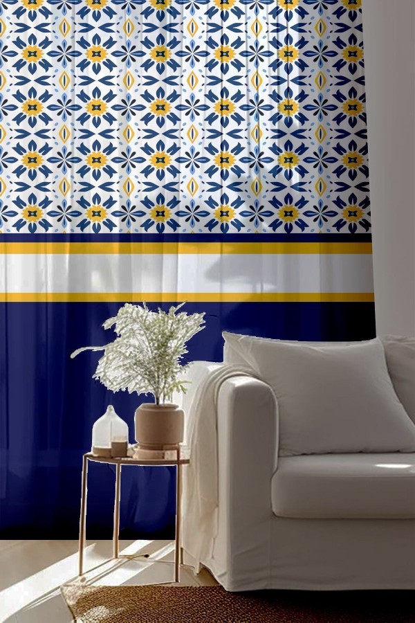 Mavi Beyaz Sarı Etnik Desenli Baskılı Dekoratif Salon Mutfak Tül Perde 140x260cm Mavi Beyaz Sarı Etnik Desenli Baskılı Dekoratif Salon Mutfak Tül Perde 140x260cm