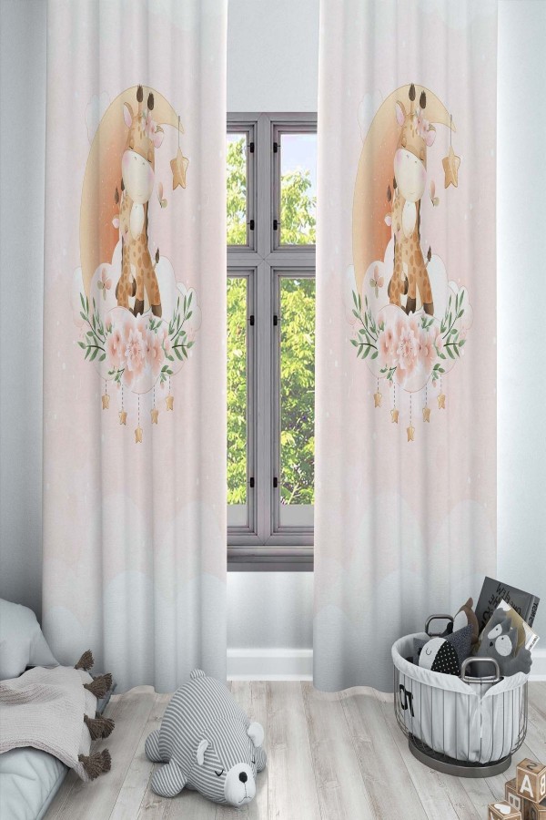 Ay Zürafa Çiçekli Desenli Dekoratif Çocuk Ve Bebek Odası Fon Perde Ay Zürafa Çiçekli Desenli Dekoratif Çocuk Ve Bebek Odası Fon Perde