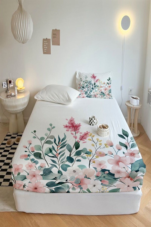 Renkli Çiçekl Baskılı Desenli Lastikli Tek Kişilik Yastıklı Lastikli Çarşaf Takımı 90x190cm