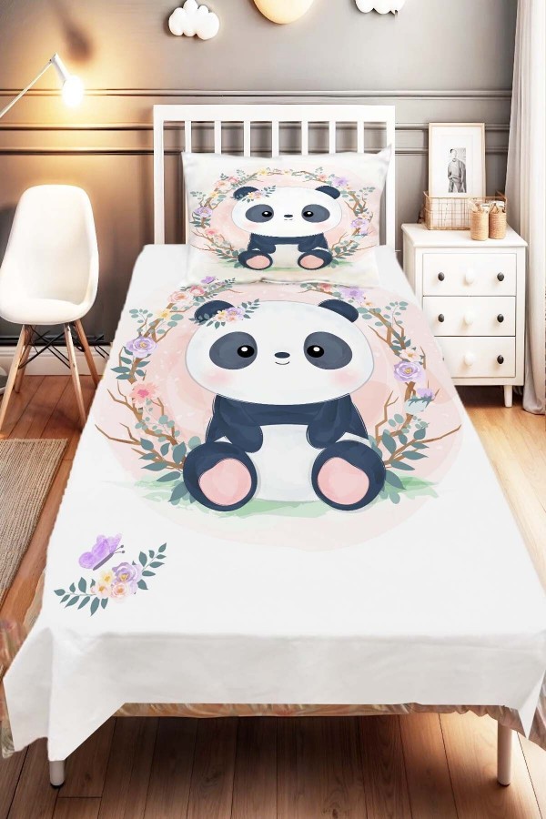 Pembe Çiçekli Panda Desenli Çocuk Ve Bebek Odası Dekoratif Yatak Örtüsü Pembe Çiçekli Panda Desenli Çocuk Ve Bebek Odası Dekoratif Yatak Örtüsü