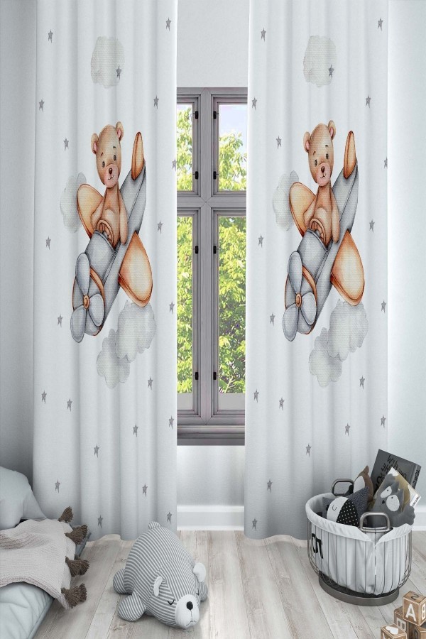 Uçaklı Ayıcıklı Hayvanlı Desenli Dekoratif Çocuk Ve Bebek Odası Fon Perde Uçaklı Ayıcıklı Hayvanlı Desenli Dekoratif Çocuk Ve Bebek Odası Fon Perde