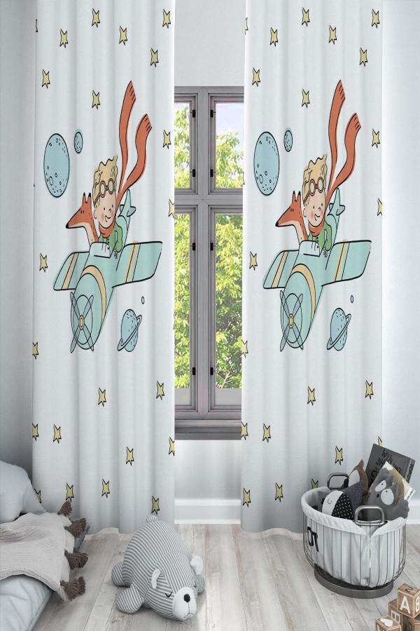 Ay Yıldızlar Uçaklı Küçük Prens Desenli Dekoratif Çocuk Ve Bebek Odası Fon Perde