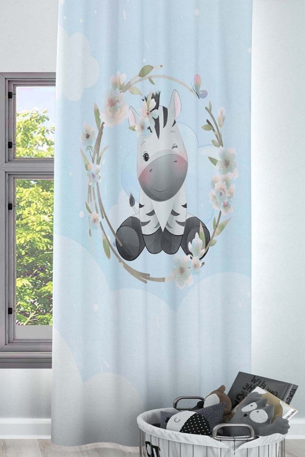 Mavi Sevimli Zebra Hayvanlı Desenli Dekoratif Çocuk Ve Bebek Odası Fon Perde